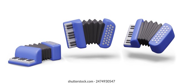 Realistic blue accordion in different positions. Set of vector templates
