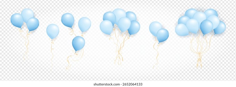 Realistic blue air balloons set isolated on transparent background. Bunch of pastel helium balloons. Set of One, two, three, six and nine 3D air balloons for anniversary, birthday, wedding, party