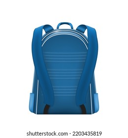 Realistic blue backpack for school, back view. Casual rucksack for teenage student supplies carrying isolated on white background. Schoolbag with pockets and handles. Vector illustration