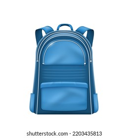Realistic blue backpack for school. Casual sport rucksack for teenage student isolated on white background. Schoolbag with pockets and handles. Vector illustration