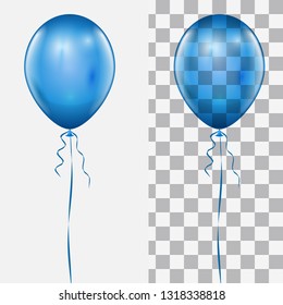 Realistic Blue Balloon Isolated on White and Checker Background Vector Template.