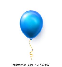 Realistic blue balloon on white background with shadow. Shine helium balloon for wedding, Birthday, parties. Festival decoration. Vector illustration.