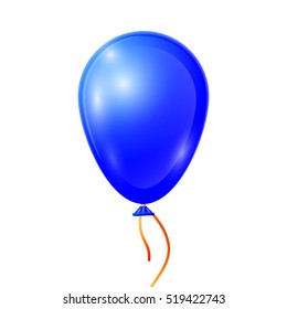 Realistic blue balloon with ribbon isolated on white background. Vector illustration of shiny colorful glossy balloon