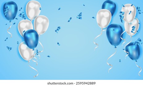 realistic blue balloons and confetti background