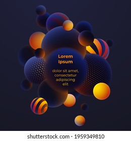 Realistic blue balls, blured and luminous, luminescent orange balls with patterns, dots and stripes with soft touch feeling in dark background. Vector illustration. 