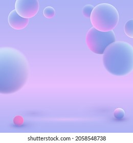 Realistic blue balls, blured and luminous pink balls with soft touch feeling in blue pink abstract background. Vector illustration for postcard, banner, cards, web, design, advertising.