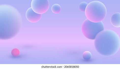 Realistic blue balls, blured and luminous pink balls with soft touch feeling in blue pink abstract background. Vector illustration for postcard, banner, cards, web, design, advertising.