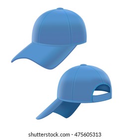Realistic Blue Baseball Cap Template Set on White Background. Vector illustration  of Blank Empty Hat. Vector illustration of Cap Mock Up. Isolated Template Cap for Uniform and Sport Wear