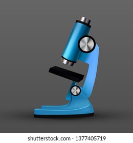 Realistic Blue Bio Laboratory Microscope Vector. Medical Detailed Scientific Research And Studying Equipment Microscope Closeup View Isolated Image On Grey Background. 3d Illustration