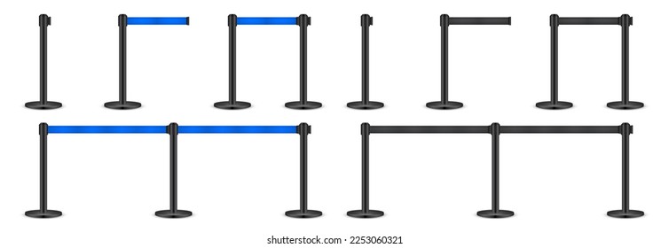 Realistic blue and black retractable belt stanchions. Crowd control barrier posts with caution strap. Queue lines. Restriction border and danger tape. Attention, warning sign. Vector illustration