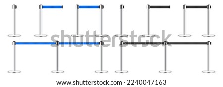 Realistic blue and black retractable belt stanchions. Crowd control barrier posts with caution strap. Queue lines. Restriction border and danger tape. Attention, warning sign. Vector illustration