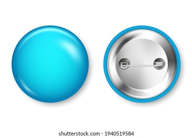 Realistic Blue Blank Badge Isolated On White Background. Glossy 3D Round Button. Pin Badge, Brooch Mockup For Product Promotion And Advertising. Vector Illustration.