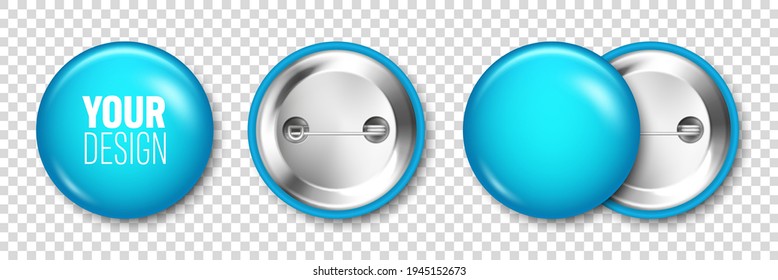 Realistic Blue Blank Badge Isolated On Transparent Background. Glossy 3D Round Button. Pin Badge, Brooch Mockup For Product Promotion And Advertising. Vector Illustration.