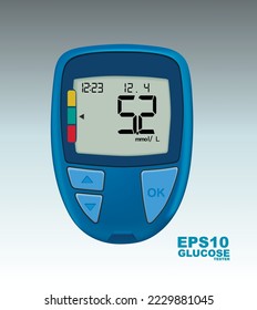 Dispositivo realista de análisis de glucosa en sangre azul que muestra el nivel de azúcar en sangre, icono del dispositivo de prueba de diabetes. Ilustración del vector Glucómetro