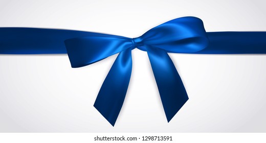 Realistic blue bow with horizontal ribbon isolated on white. Element for decoration gifts, greetings, holidays. Vector illustration.