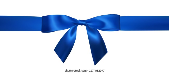 Realistic blue bow with horizontal blue ribbons isolated on white. Element for decoration gifts, greetings, holidays. Vector illustration.