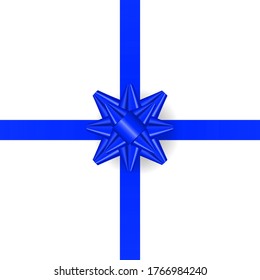 Realistic Blue bow with horizontal and vertical ribbon shiny satin for decoration gifts, greetings, holidays. Stock vector illustration isolated on white background.