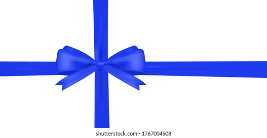 Realistic Blue bow with horizontal and vertical ribbon shiny satin for decoration gifts, greetings, holidays. Stock vector illustration isolated on white background.