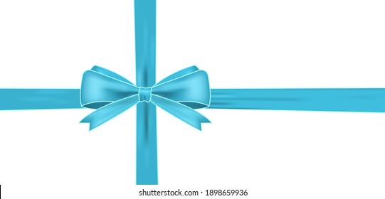 Realistische blaue Schleife mit horizontalem und vertikalem Band glänzende Satin für Dekorationsgeschenke, Grüße, Feiertage. Hellblaues Abziehen.Weihnachtsband.Stockvektorgrafik einzeln auf weißem Hintergrund.