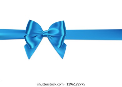 Realistic blue bow and ribbon shiny satin with shadow horizontal for decorate your greeting card,gift,vector isolated on white background.