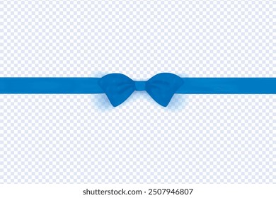 Realistic Blue bow shiny satin and ribbon horizontal line with shadow vector EPS10 for decorate your wedding card,website or gift card,isolated on Trasnsparent background, Blue Silk Ribbon And Bow.