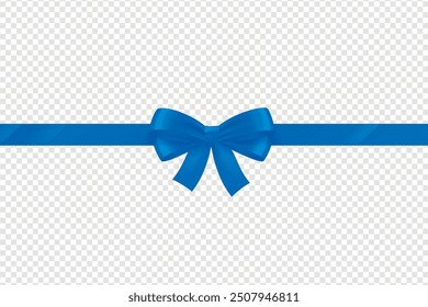 Realistic Blue bow shiny satin and ribbon horizontal line with shadow vector EPS10 for decorate your wedding card,website or gift card,isolated on Trasnsparent background, Blue Silk Ribbon And Bow.