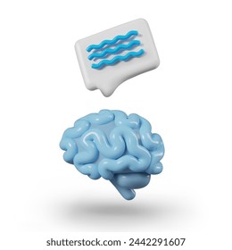Icono de cerebro azul realista con signo de comentario. Símbolo de bot de chat, soporte robótico