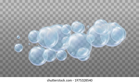 Realistic blue bubbles of soapy water. Design elements for washing powder, shampoo, skin cosmetics.
Isolated on a transparent background.