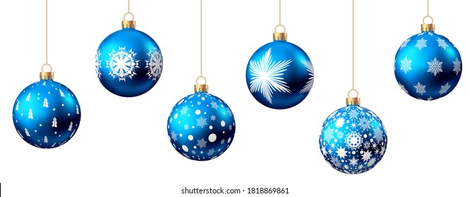 Realistic  blue   Christmas  balls  with pattern  isolated on white background. Xmas  tree decoration. Vector bauble.