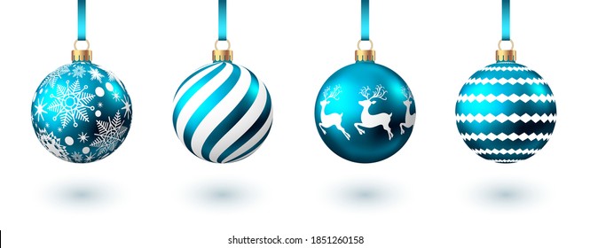 Realistic  blue   Christmas  balls  with pattern  isolated on white background. Xmas  tree decoration. Vector bauble.