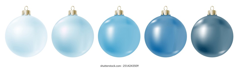 Realistic blue Christmas balls set isolated on white background. Clean 3D ball, different color shades, gradient from light to dark blue. New Year decoration, vector clipart of realism style.