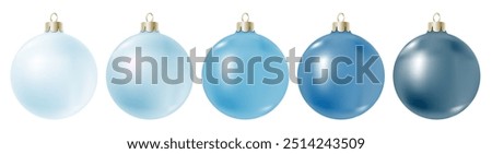 Realistic blue Christmas balls set isolated on white background. Clean 3D ball, different color shades, gradient from light to dark blue. New Year decoration, vector clipart of realism style.