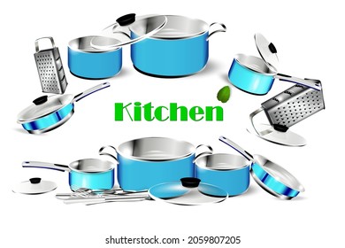 Realistic blue chrome dishes. Steel cooking pots with cape, metal saucepan and skillet, isolated cookware. Vector image 3D chrome frying pan and kitchen utensil