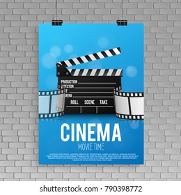 Realistic blue cinema poster in a frame with a picture hanging on a textured gray brick wall, a template for a layout, a layout and a work of art a concept poster design template. vector illustration.