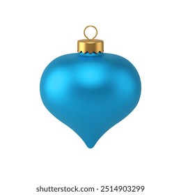 Realistic blue classic Christmas tree bauble falling drop with loop for comfortable hanging 3d template vector illustration. Luxury beautiful metallic glossy Xmas toy for spruce decorate isolated