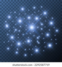 Realistic blue cluster of stars lighting isolated on transparent background. Bright stars illuminated. Flare effect with ray sparkles. Glowing light of stardust. 3d vector illustration