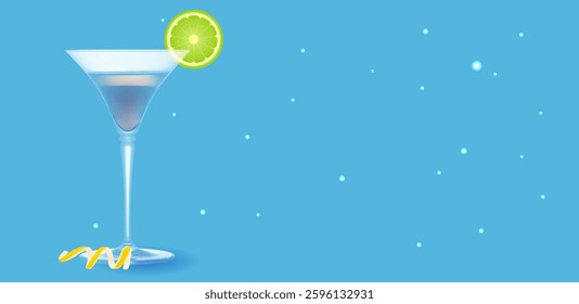 Realistic blue cocktail glass with lemon slice on a blue background. Blue banner with 3d cocktail glass and lemon slice