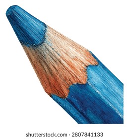 Realistic Blue Colored Pencil Tip Isolated on White Background High Detail Wooden Drawing Illustration.