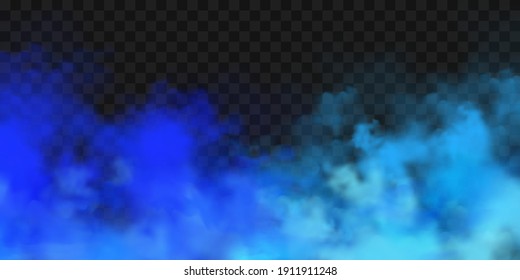 Realistic blue colorful smoke clouds, mist effect. Fog isolated on transparent background. Vapor in air, steam flow. Vector illustration.