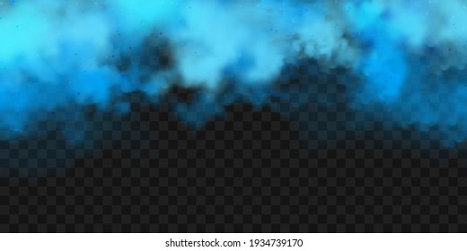 Realistic blue colorful smoke clouds, mist effect. Fog isolated on transparent background. Vapor in air, steam flow. Vector illustration.