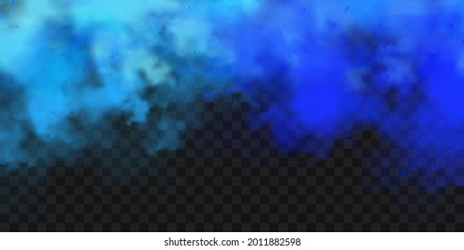 Realistic blue colorful smoke clouds, mist effect. Fog isolated on transparent background. Vapor in air, steam flow. Vector illustration.