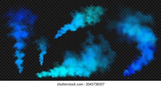 Realistic blue colorful smoke clouds, mist effect. Colored fog on dark background. Vapor in air, steam flow. Vector illustration.