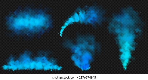 Realistic blue colorful smoke clouds, mist effect. Colored fog on dark background. Vapor in air, steam flow. Vector illustration.