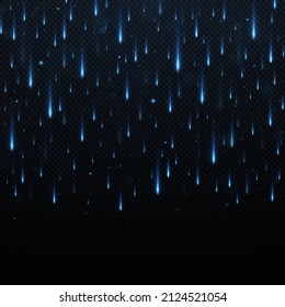Realistic blue comets falling from the sky. Light rays background. Falling lights or neon rays.