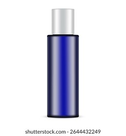 Realistic blue cosmetic bottle mockup. Elegant blank packaging for skincare, serum, toner or cosmetic product design. 3D vector illustration isolated on white background