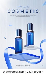 Realistic Blue Cosmetic Bottles on Transparent Glass Plates and Ribbons, Vector Illustration