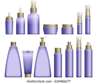 Realistic blue Cosmetics bottles set on white background. Cosmetic cream containers and tubes for cream, lotion and shampoo, gel and balsam in blue colors. Vector Illustration