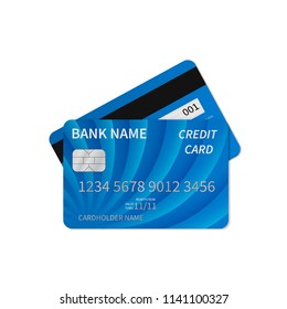 Realistic blue credit card isolated on white. Detailed plastic card with silver embossed symbols. Money payment and online shopping concept. Easy to edit vector template for business theme.