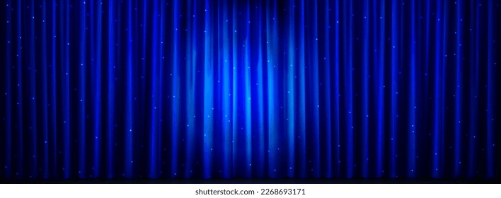 Realistic blue curtain background with garland lights. Vector illustration of theater stage illuminated by spotlight, silk fabric texture with smooth wavy surface and drapery folds. Night show decor svg