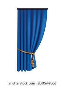 Realistic blue curtains composition with isolated image of luxury curtain with golden tie vector illustration